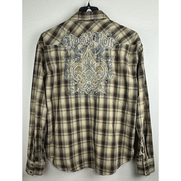 Rock & Roll Cowboy 2XL Brown Plaid Long Sleeve Pearl Snap Button Shirt - Picture 2 of 12